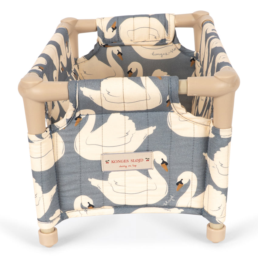 Konges Sløjd Doll Travel Bed in Swan - folded with carry bag