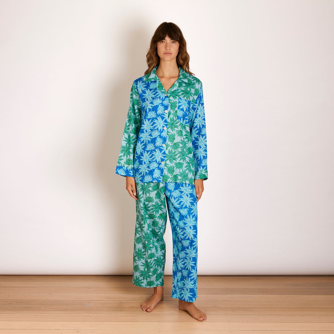 BONNIE AND NEIL FLANNEL FLOWER PYJAMAS: BLUE GREEN