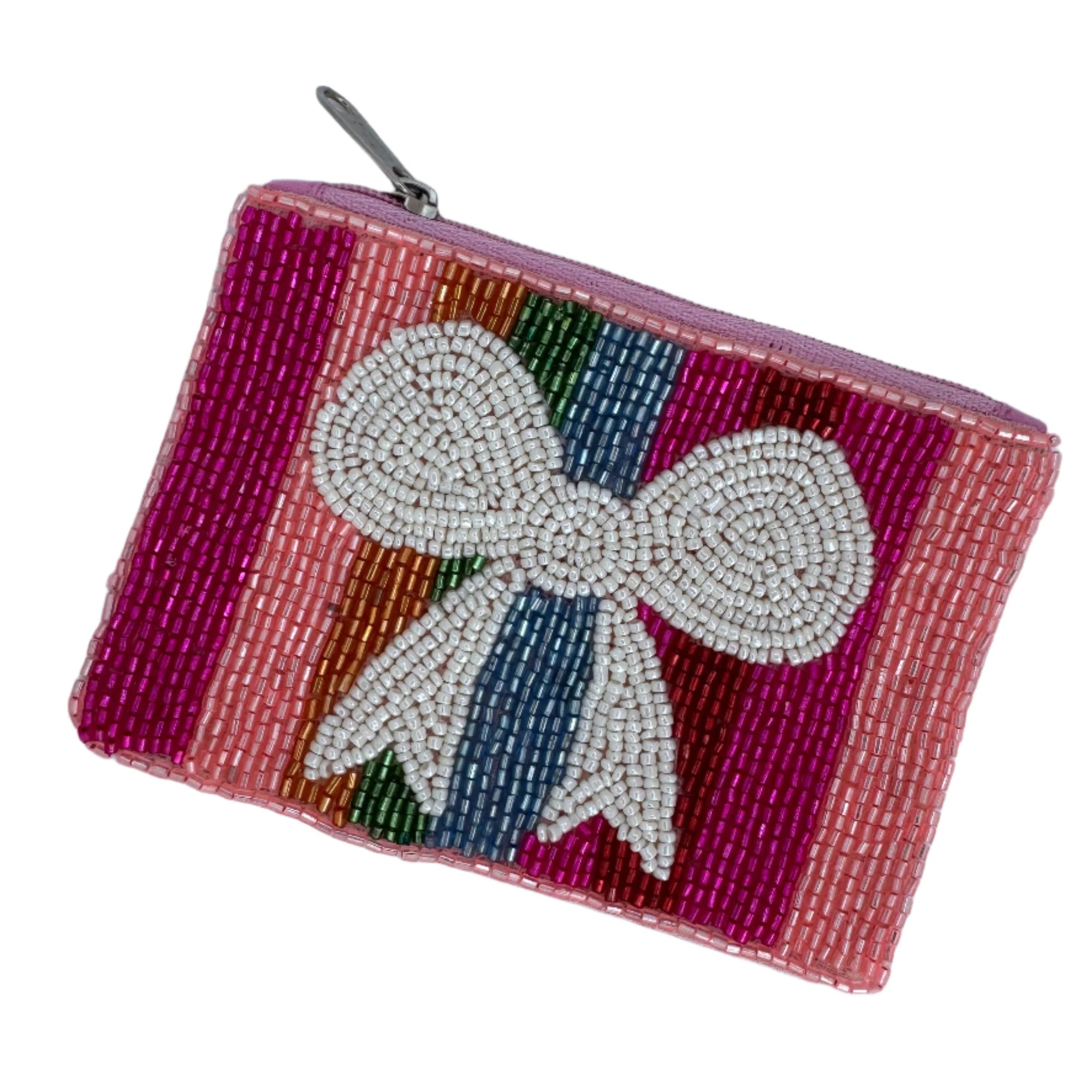 RAINBOW STRIPE BEADED BOW COIN PURSE
