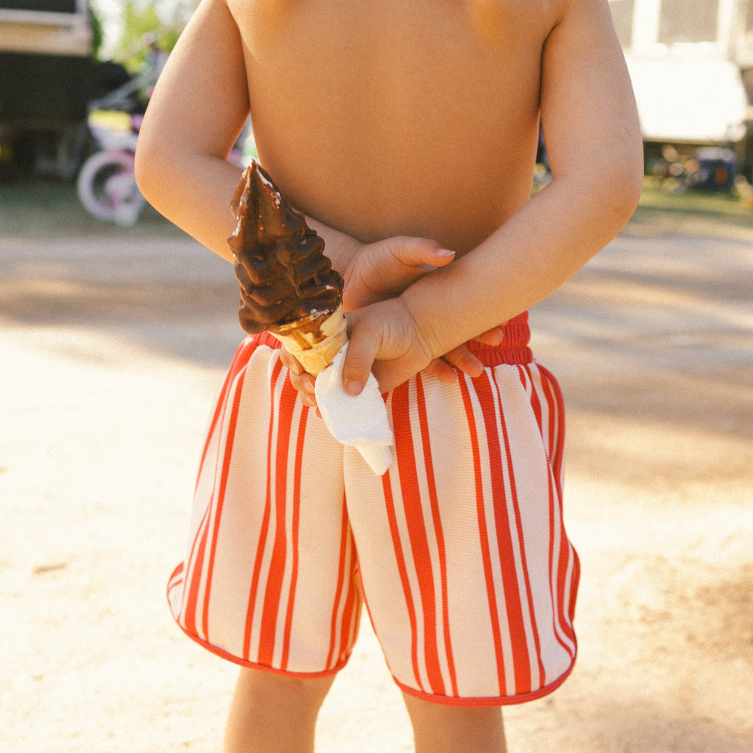 SMALL SWIM CLUB STRIPE SWIM SHORT: RED