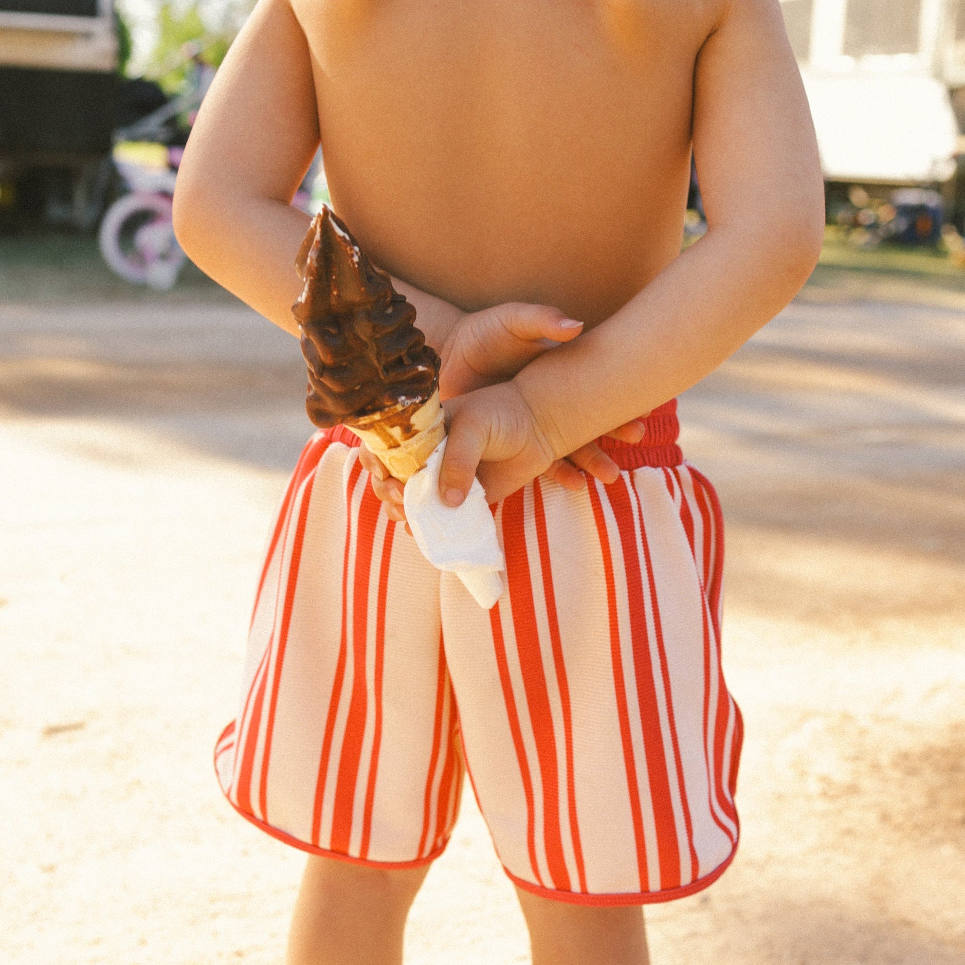 SMALL SWIM CLUB STRIPE SWIM SHORT: RED
