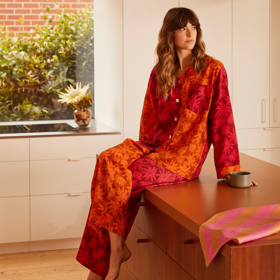 BONNIE AND NEIL FLANNEL FLOWER PYJAMAS: CERISE TAN