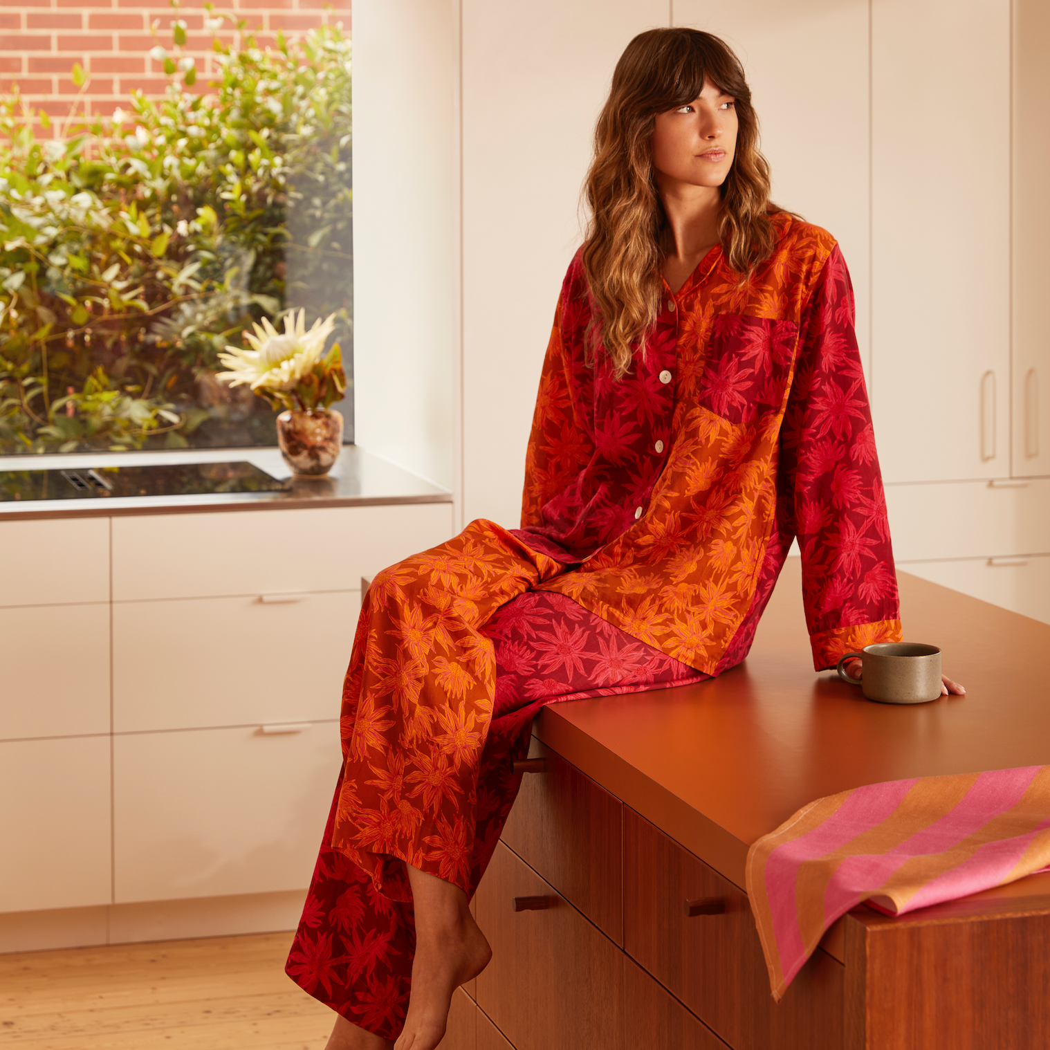 BONNIE AND NEIL FLANNEL FLOWER PYJAMAS: CERISE TAN