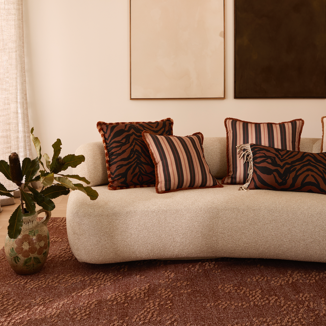 BONNIE AND NEIL SUITING STRIPE CUSHION: BLACK TAN/50CM