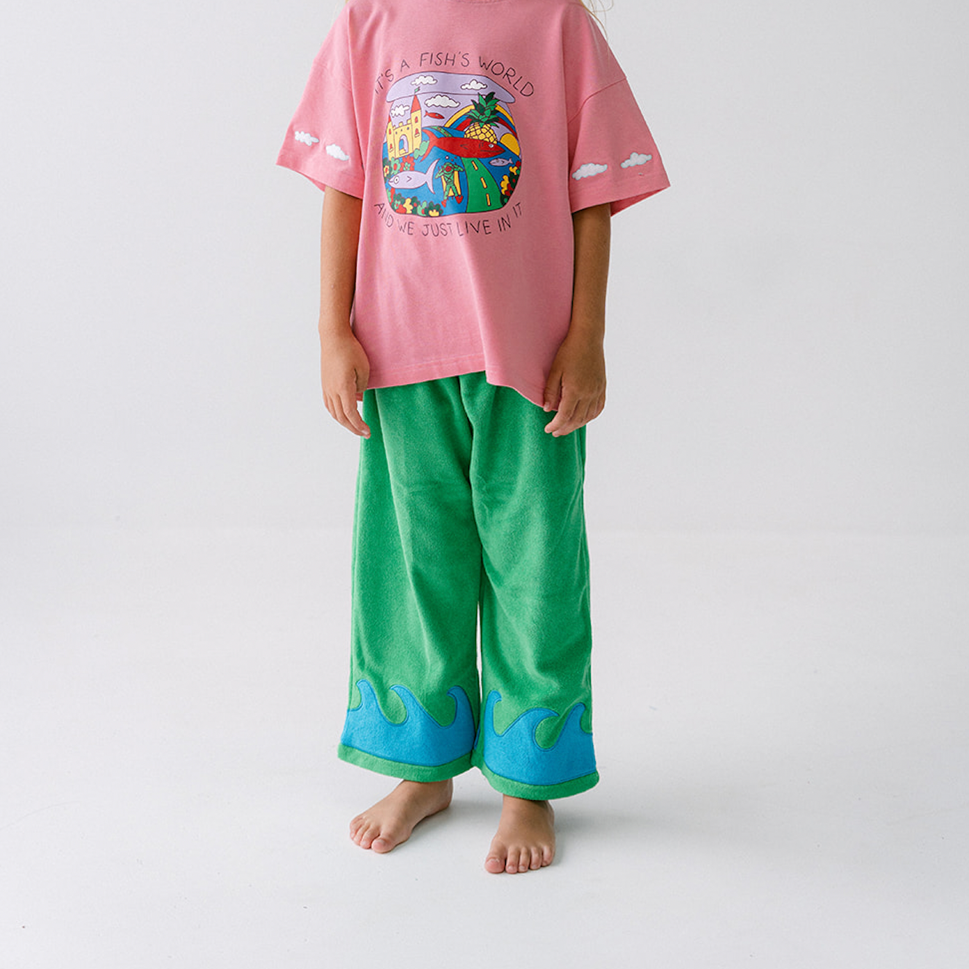 SPICY DUGONG KIDS WAVE TERRY PANTS: GREEN & BLUE