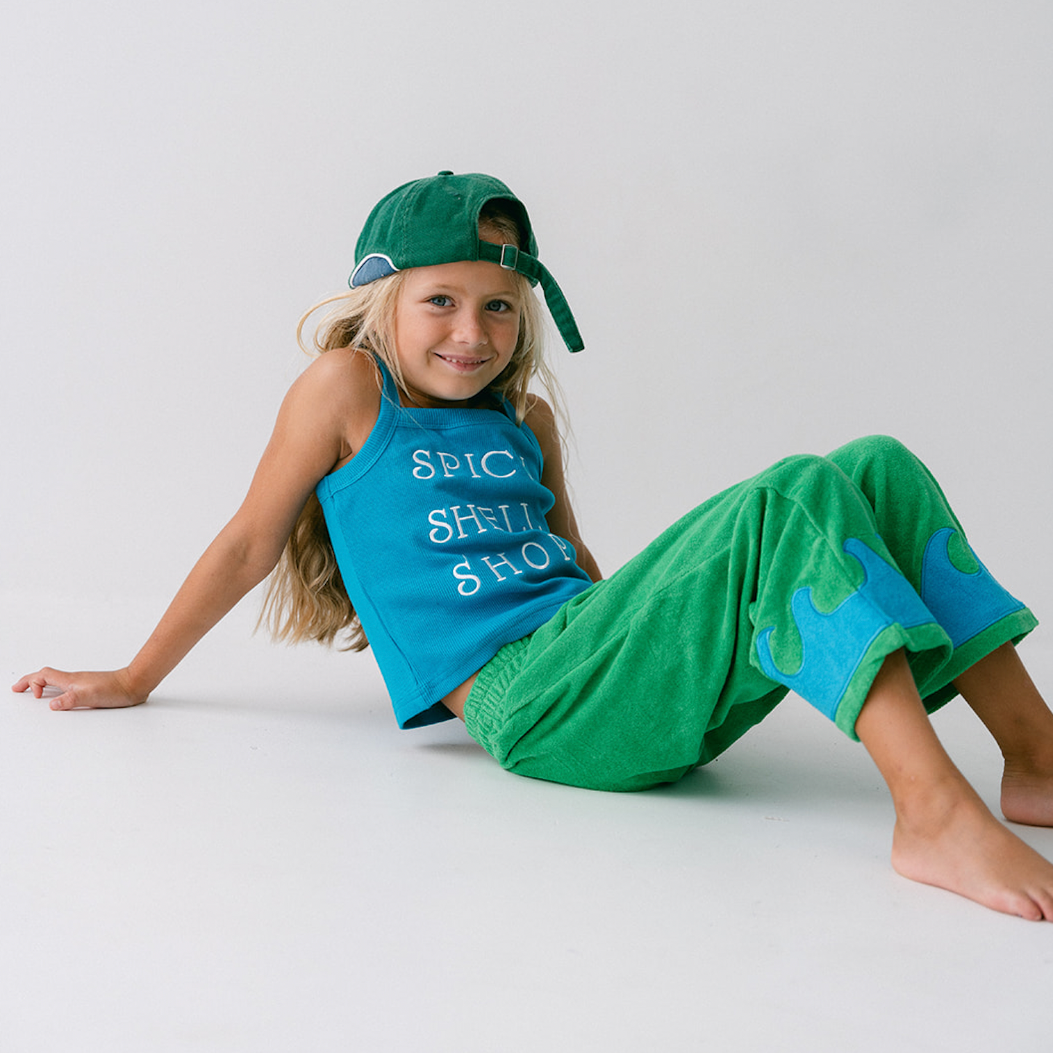 SPICY DUGONG KIDS WAVE TERRY PANTS: GREEN & BLUE