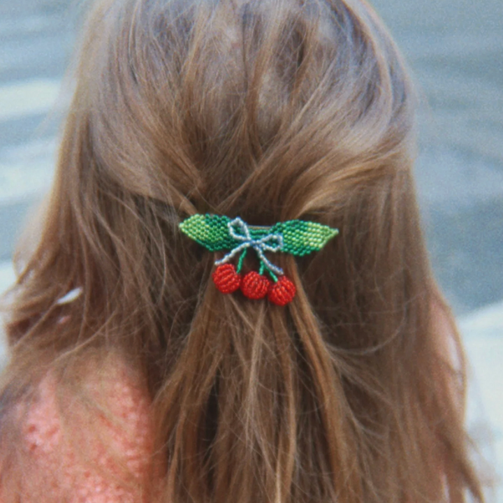 Konges Sløjd Beaded Cherry Bow Big Hair Clip: Cherry