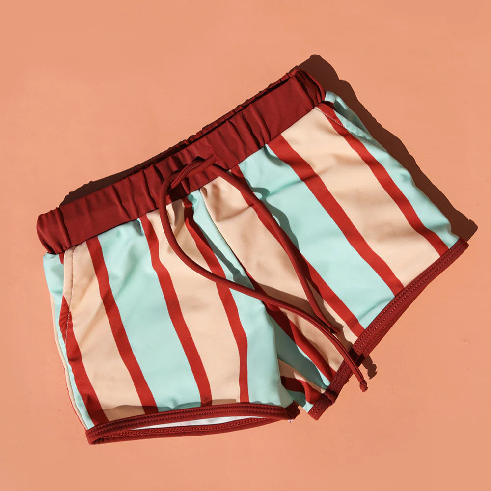 SMALL SWIM CLUB STRIPE SWIM SHORT: MAROON