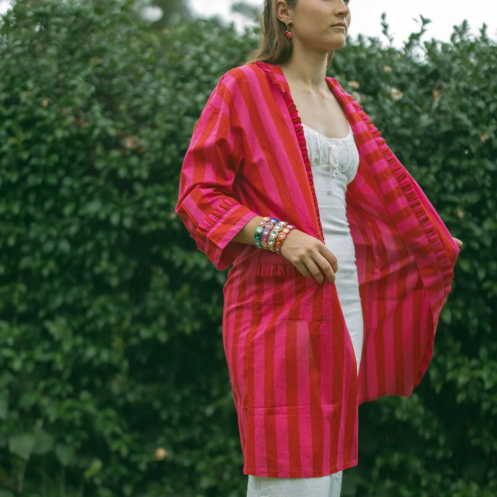 MATILDA RED PINK STRIPE FRILL COTTON ROBE