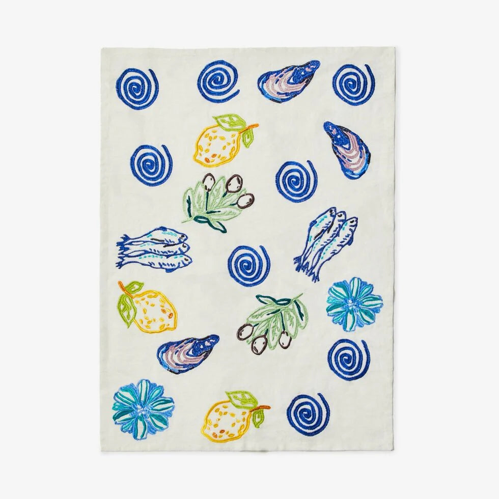 BONNIE AND NEIL EMBROIDERED TEA TOWEL: BLUE SARDINES