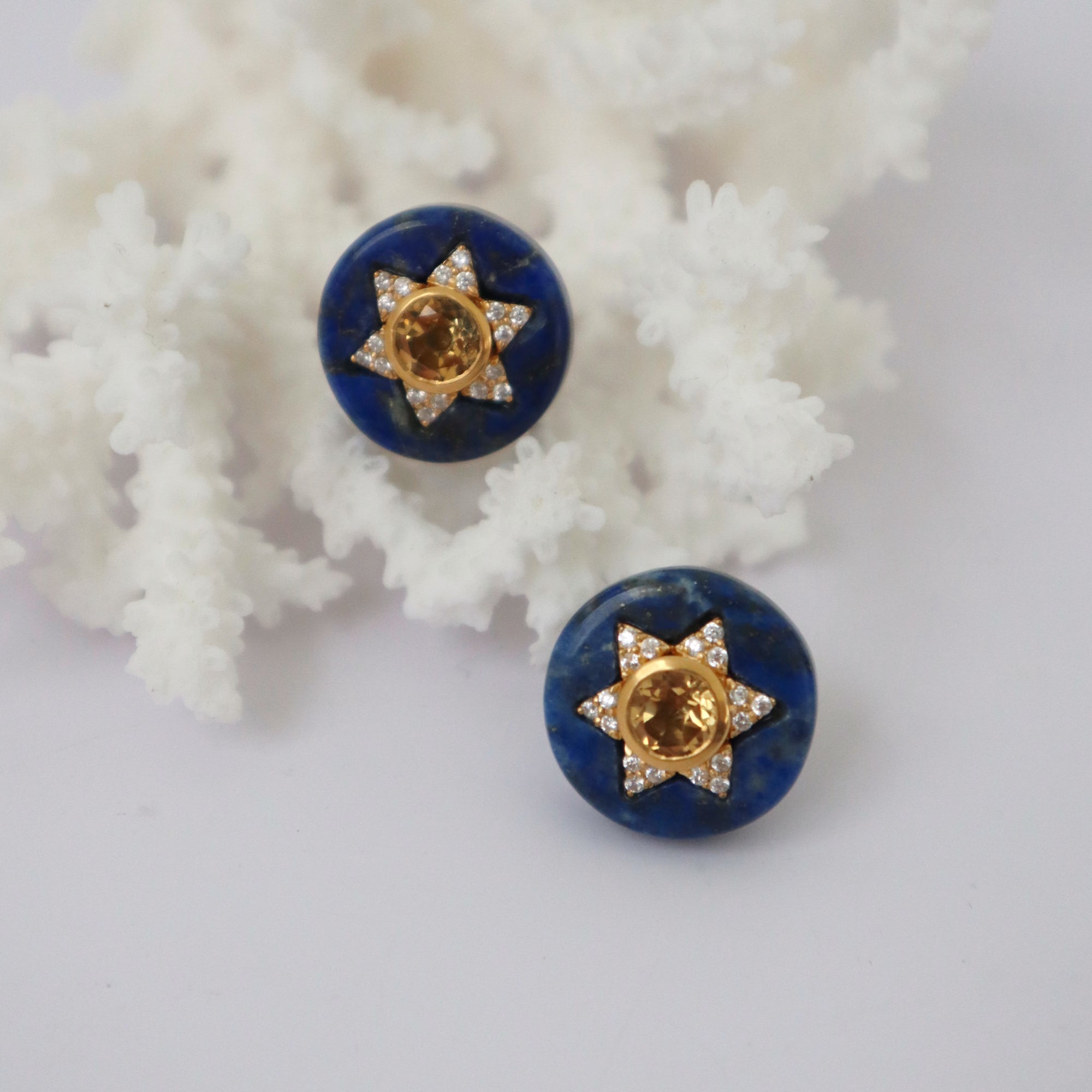 CLEOPATRA'S BLING LUNAIRE STUDS IN LAPIS LAZULI: 24K VERMEIL