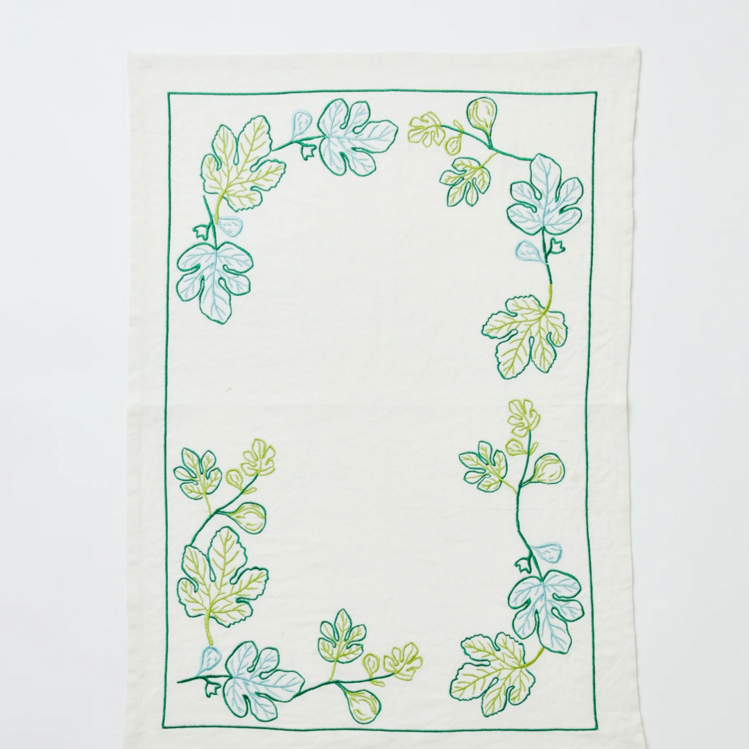 BONNIE AND NEIL EMBROIDERED TEA TOWEL: FIG GREEN