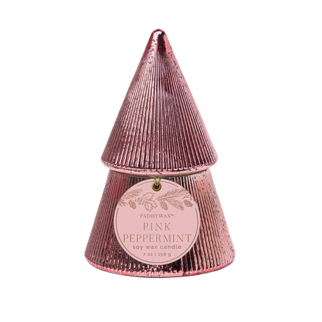 PADDYWAX HOLIDAY STACKED TREE CANDLE: PINK PEPPERMINT
