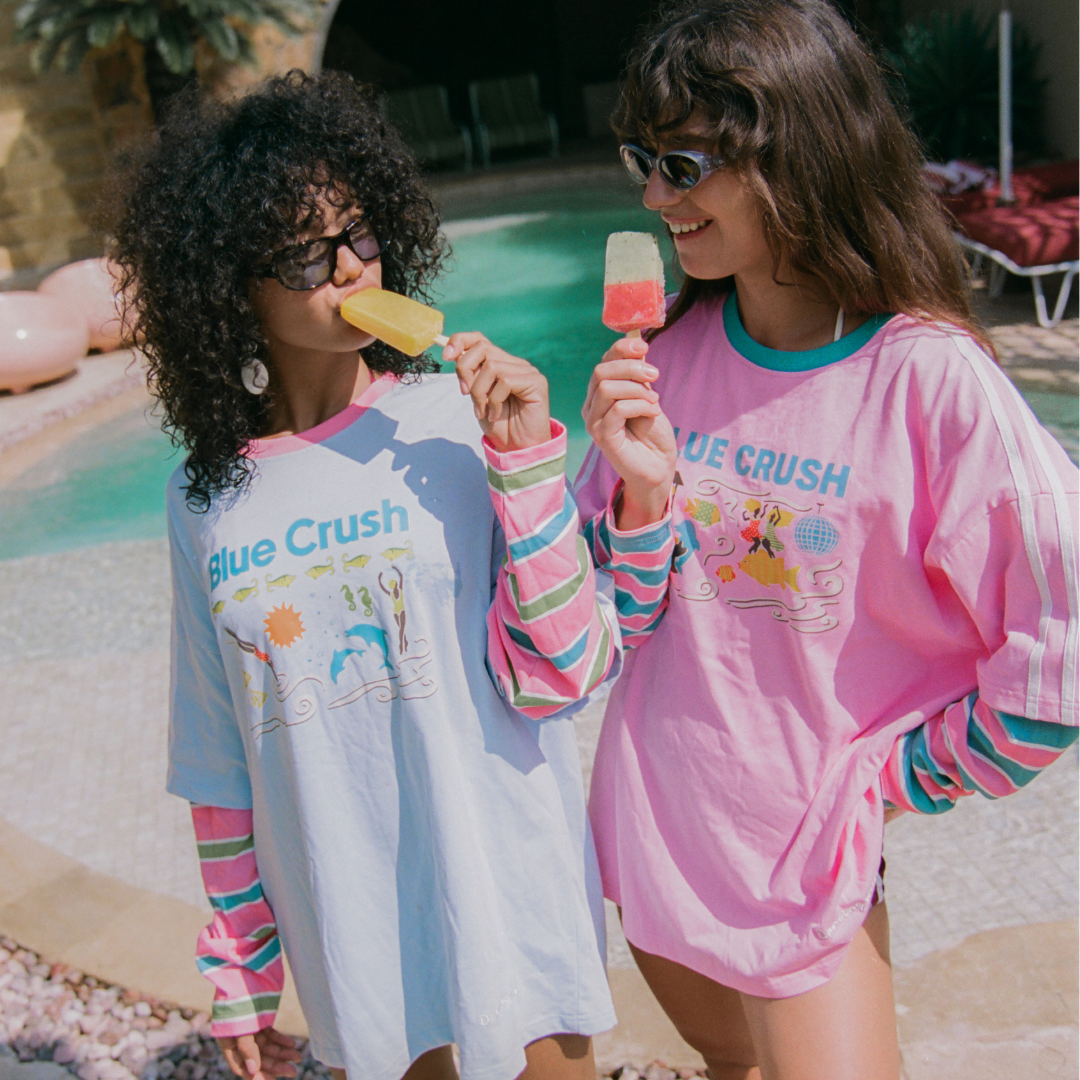PRE ORDER SPICY DUGONG ADULTS LONG SLEEVE BLUE CRUSH LAYERED TEE: PINK/ BLUE