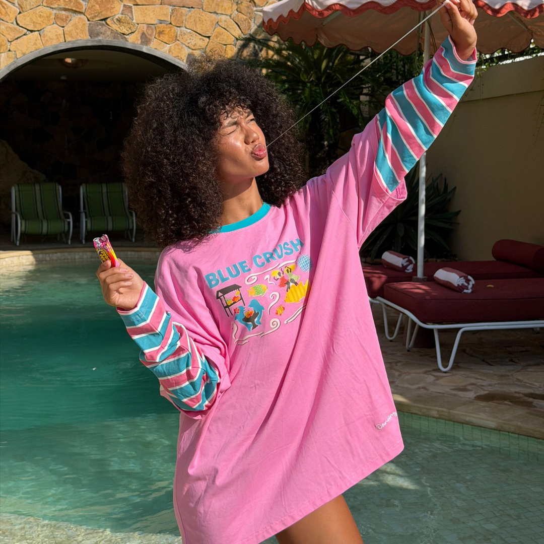 PRE ORDER SPICY DUGONG ADULTS LONG SLEEVE BLUE CRUSH LAYERED TEE: PINK/ BLUE