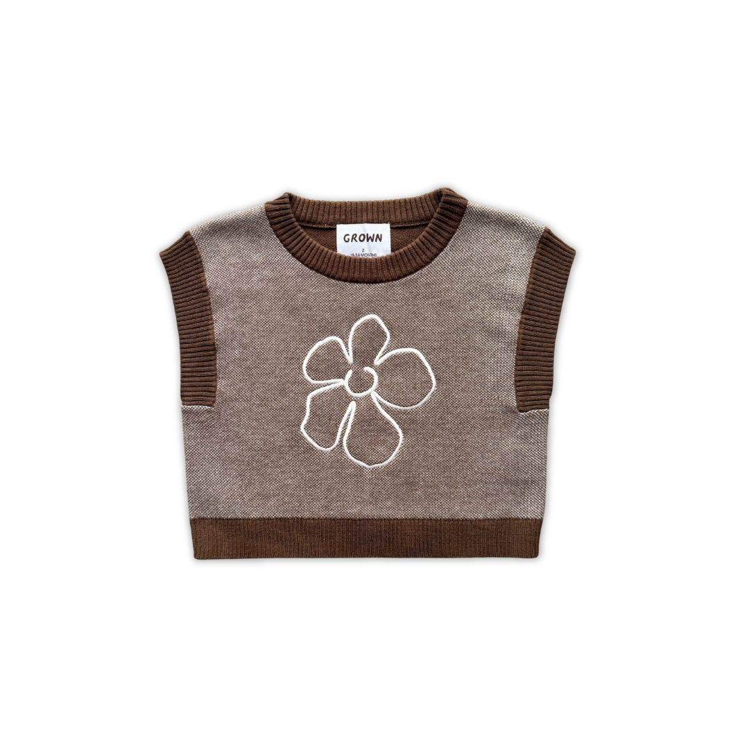 GROWN ORGANIC FIELDS EMBROIDERY KNIT VEST: ESPRESSO