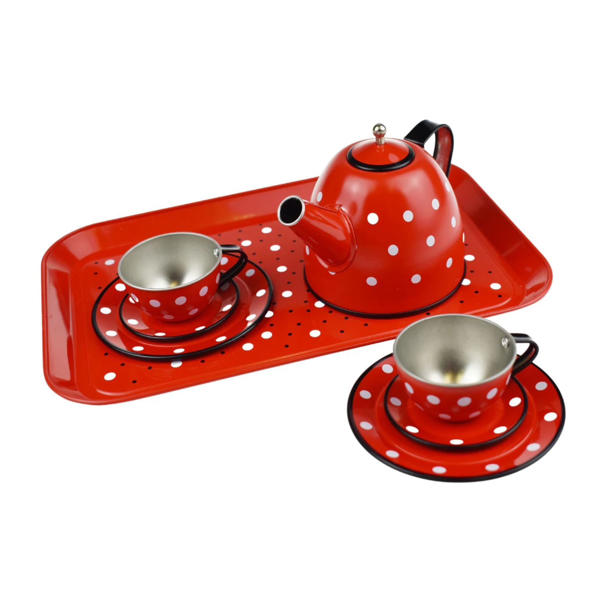 RED POLKA DOT BLACK TRIM TIN TEA SET