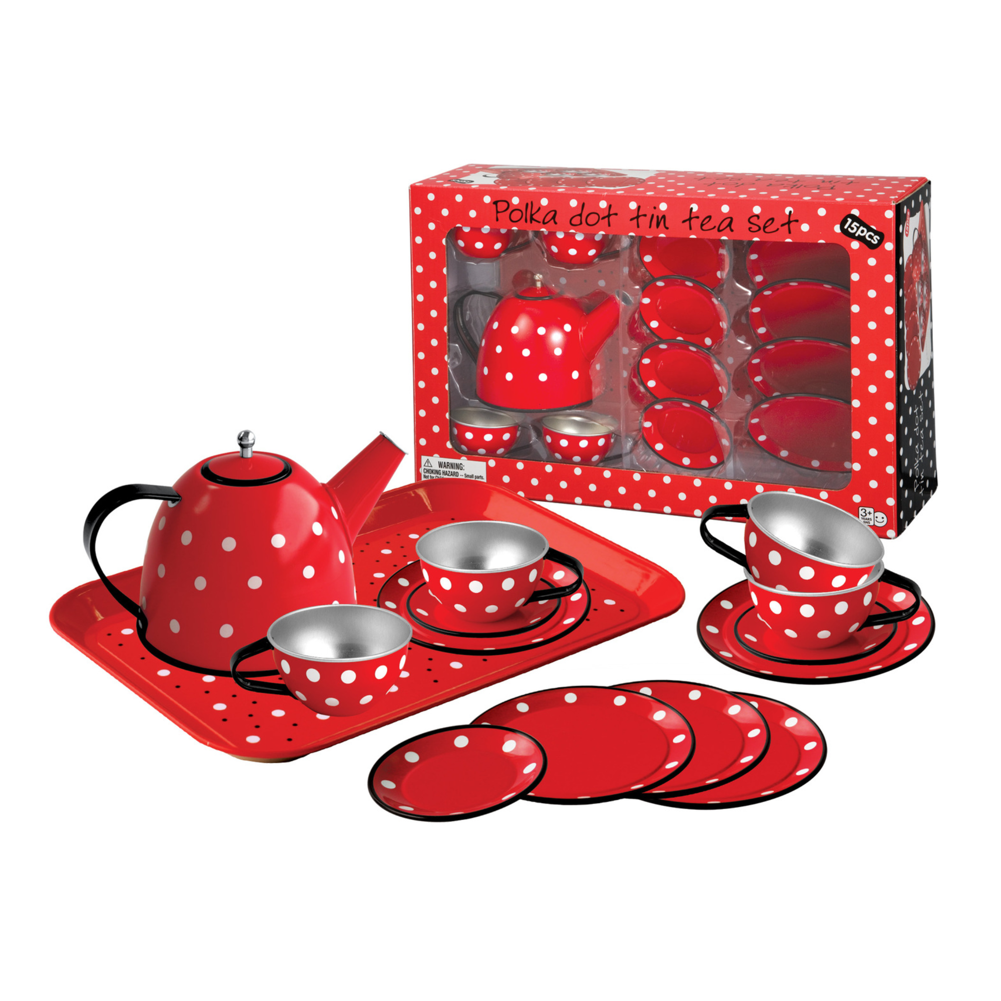 RED POLKA DOT BLACK TRIM TIN TEA SET