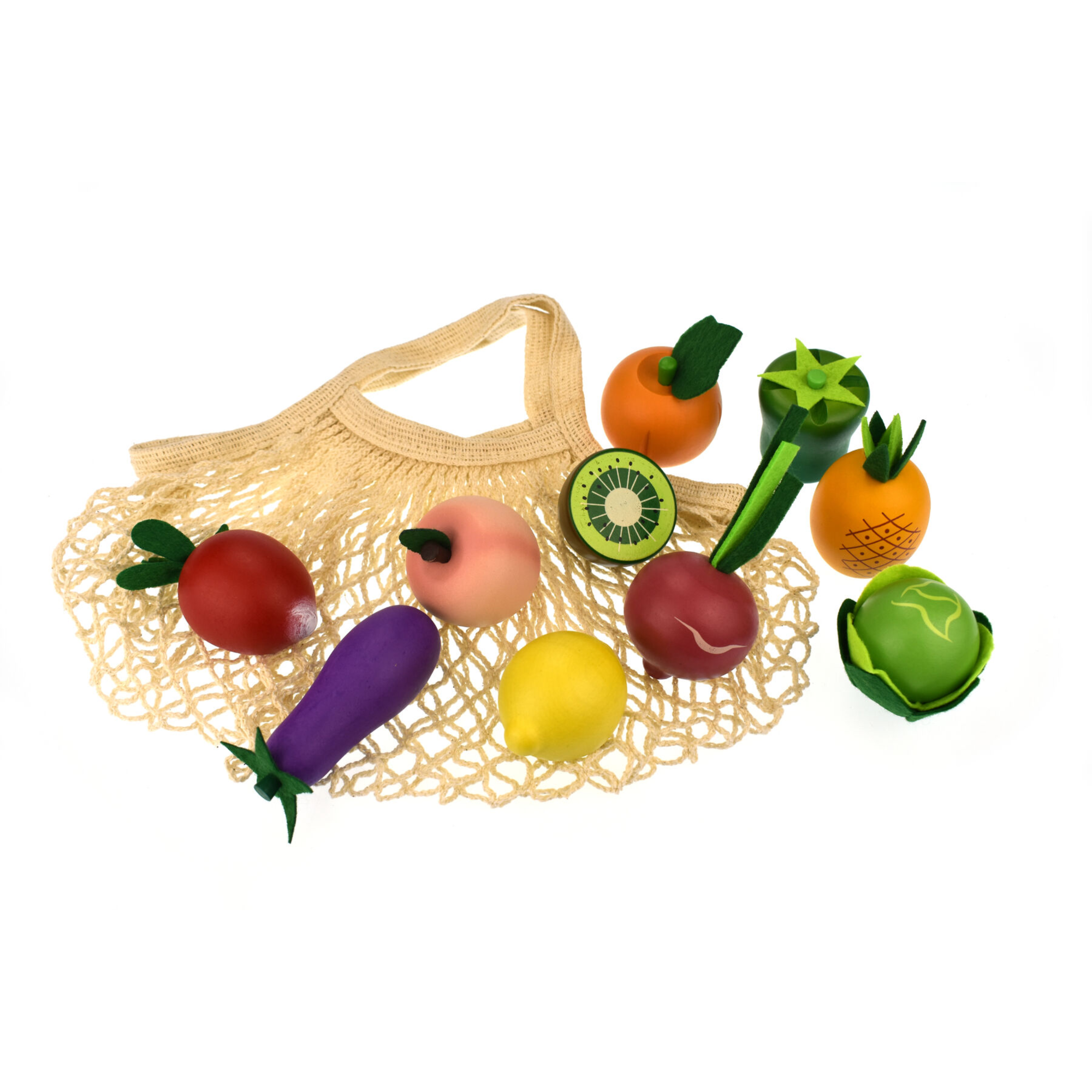 WOODEN FRUIT & VEGETABLES WITH COTTON MESH SHOPPING BAG: 10PC SET