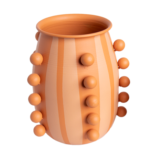 METAL VASE WITH BAUBLES: TERRACOTTA