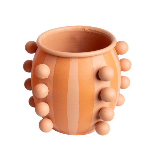 METAL VASE WITH BAUBLES: TERRACOTTA