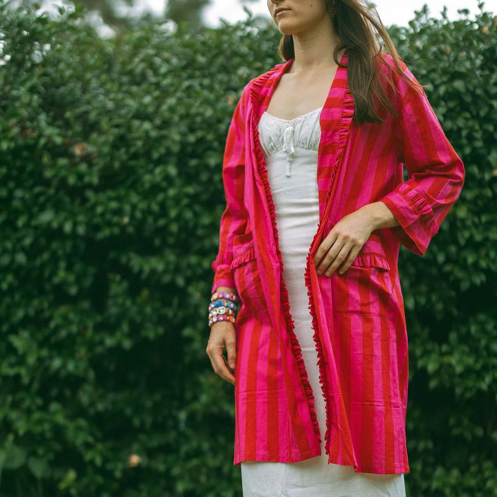 MATILDA RED PINK STRIPE FRILL COTTON ROBE