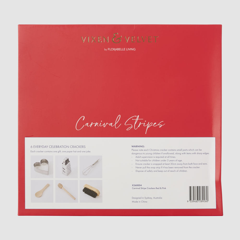 CARNIVAL STRIPE CRACKERS 6PC, RED &amp; PINK