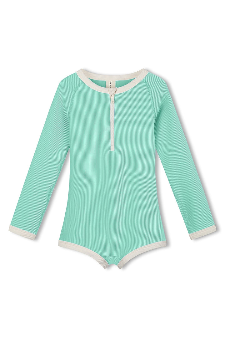 Zulu &amp; Zephyr Mini Stripe Rashie Onesie Aqua front