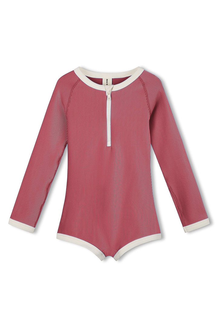 Zulu &amp; Zephyr Mini Stripe Rashie Onesie Clay Red front