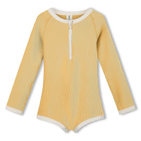 ZULU & ZEPHYR MINI STRIPE RIB RASHIE ONESIE: MARIGOLD