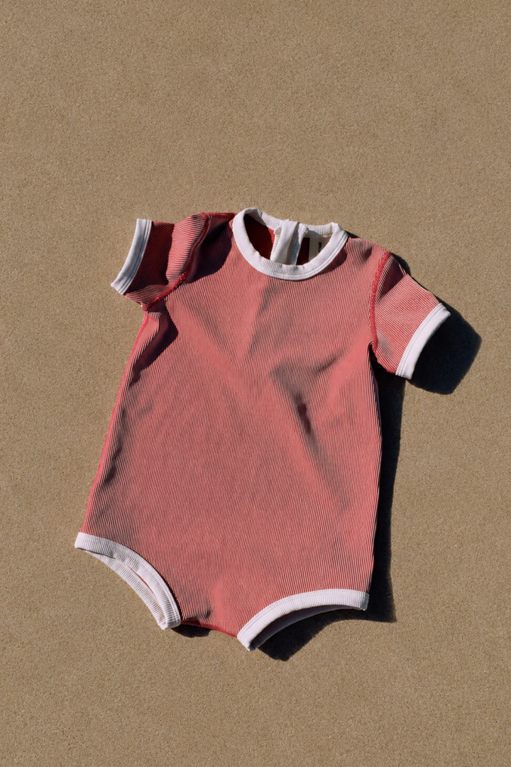 Zulu &amp; Zephyr Mini Stripe Infant Onesie Clay Red lifestyle