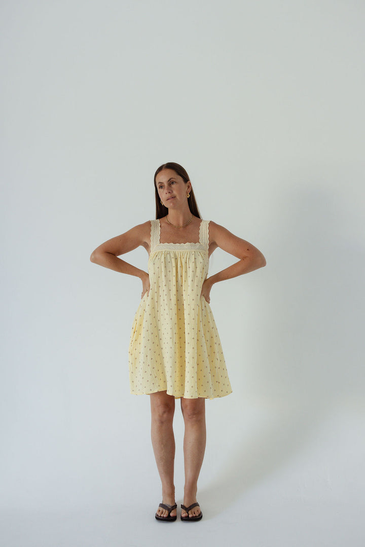 Alakai Juno Lace Neck Mini Dress in Butter