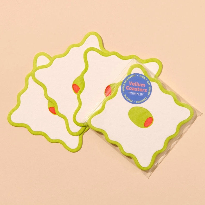 AND HERE WE ARE CRUDITE VELLUM COASTERS 4PC: OLIVE