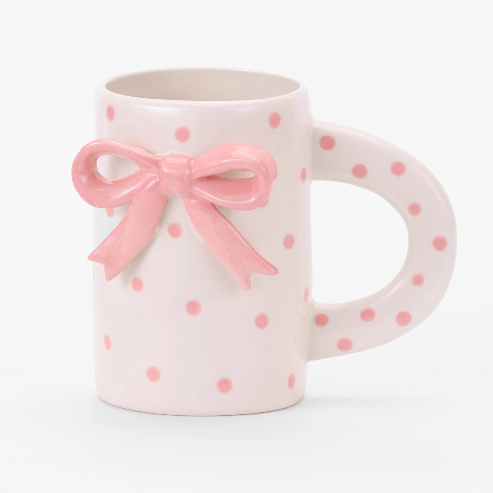 CHAGOART CERAMIC HANDMADE COFFEE MUG: LARGE PINK BOW POLKADOT