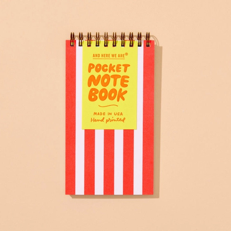AND HERE WE ARE RED STRIPE POCKET-SIZE SPIRAL NOTEBOOK
