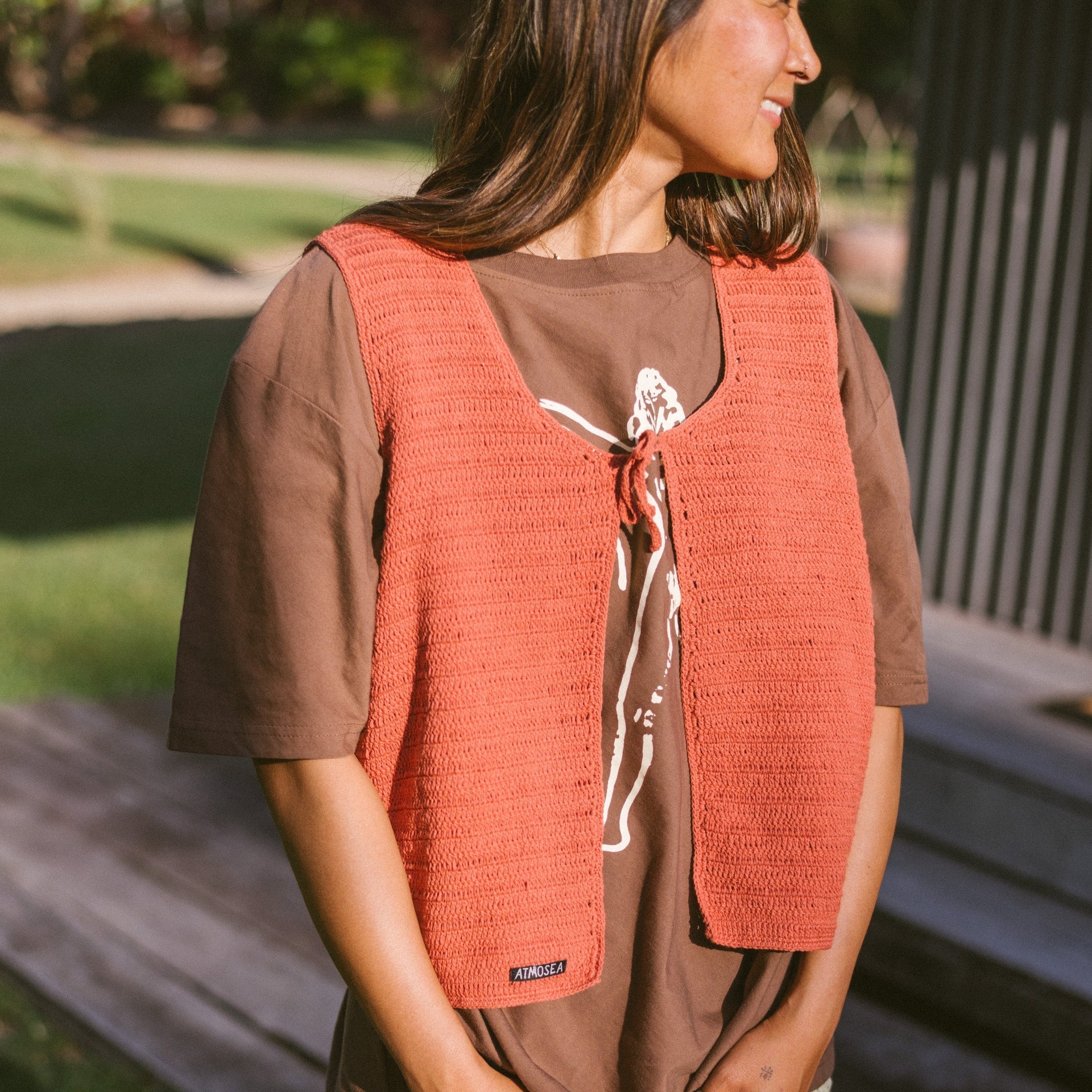 ATMOSEA CROCHET TIE VEST: RUST