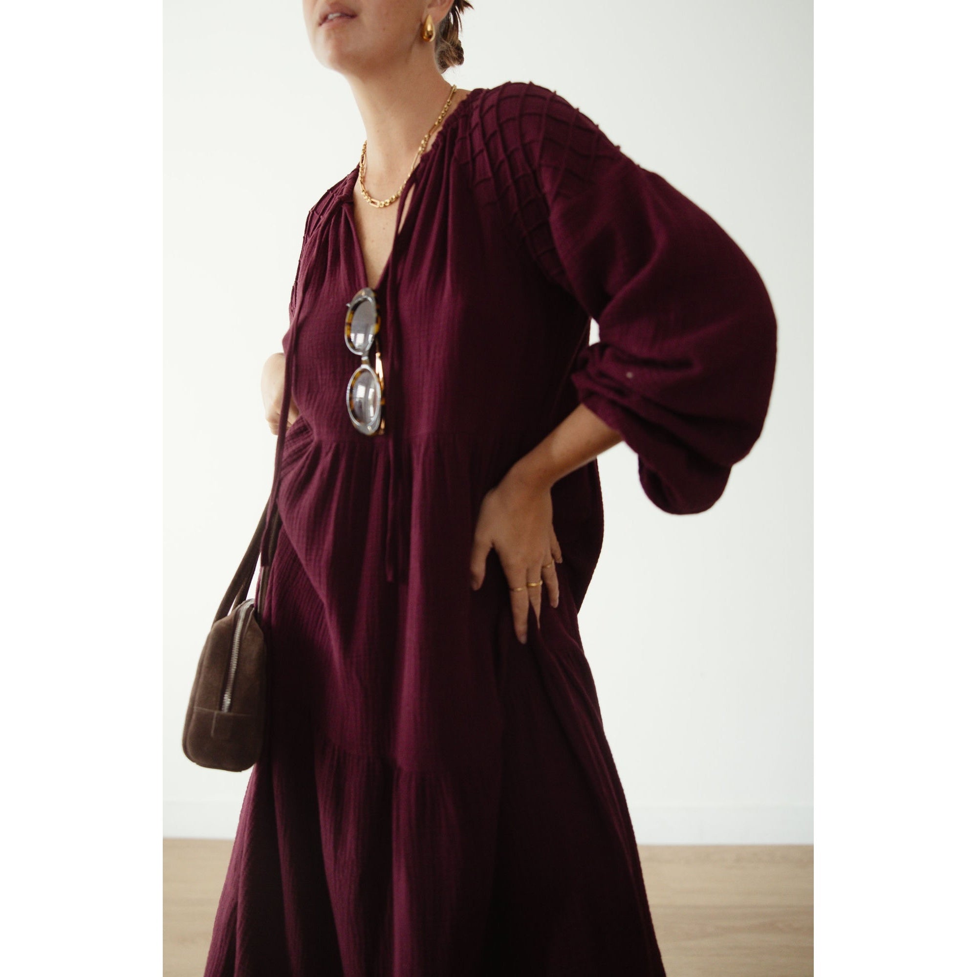ALAKAI THE DAWN MIDI DRESS: BURGUNDY