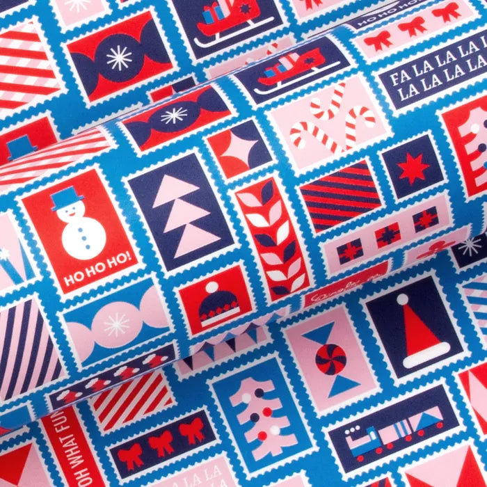 XMAS STAMPS WRAPPING PAPER: ELECTRIC BLUE, PINK & POPPY RED 10M