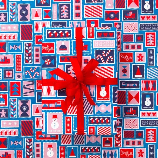 XMAS STAMPS WRAPPING PAPER: ELECTRIC BLUE, PINK & POPPY RED 10M