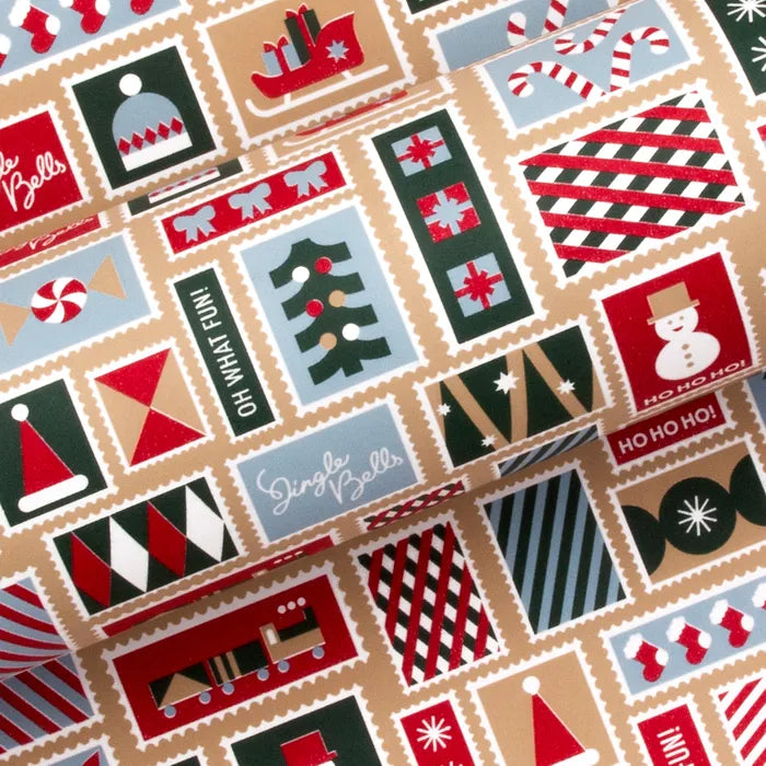 XMAS STAMPS WRAPPING PAPER: GINGER/ DARK GREEN/ RED 10M