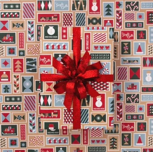 XMAS STAMPS WRAPPING PAPER: GINGER/ DARK GREEN/ RED 10M