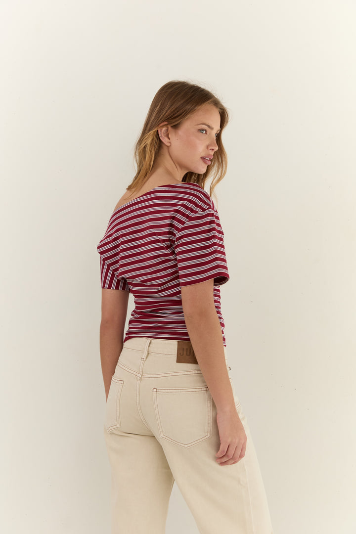 Juni Womens Malthilde Ruched Tee Cherry Stripe - womens tee