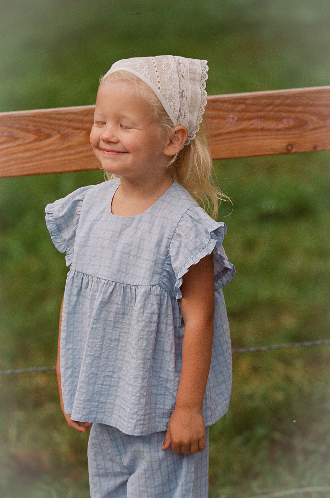 Juni Jnr Daisy Blouse Sky Gingham - kids blouse