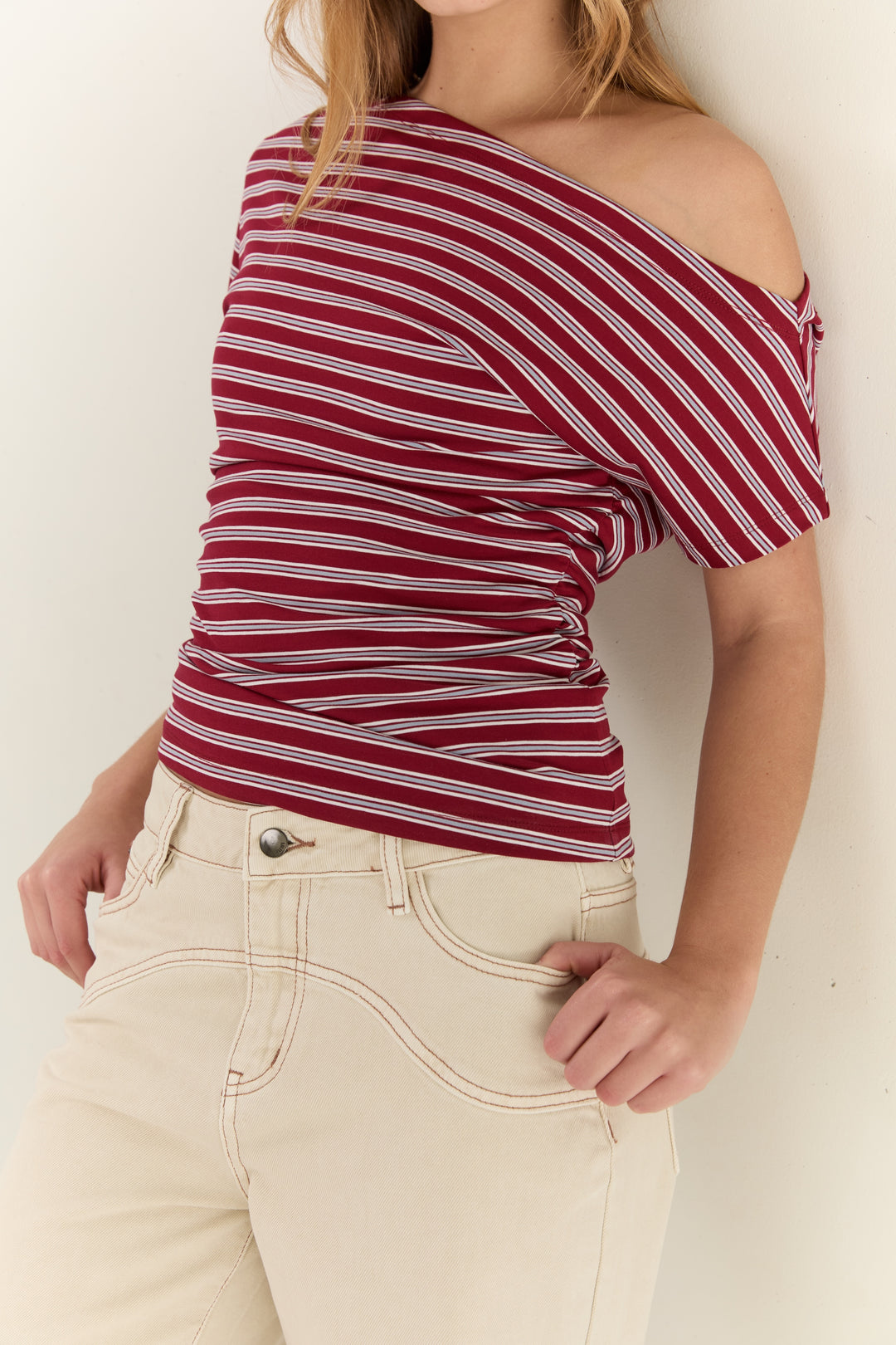 Juni Womens Malthilde Ruched Tee Cherry Stripe - womens tee