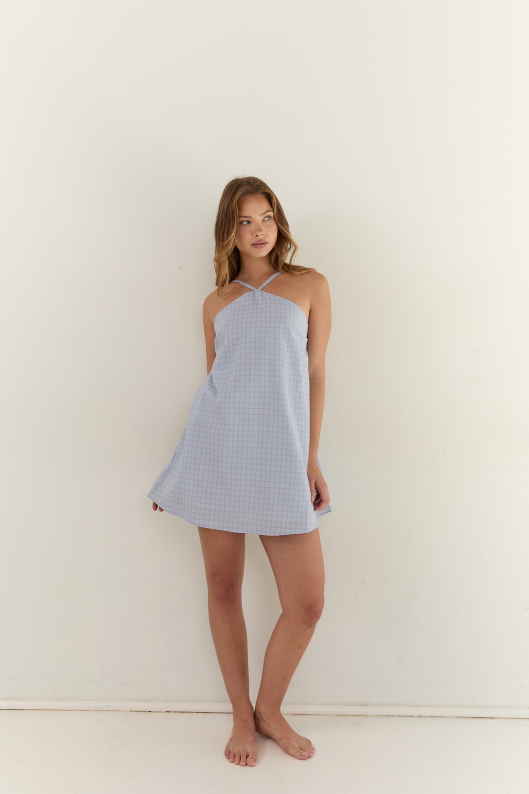 Juni Womens Corinne Mini Dress Sky Check - womens mini dress