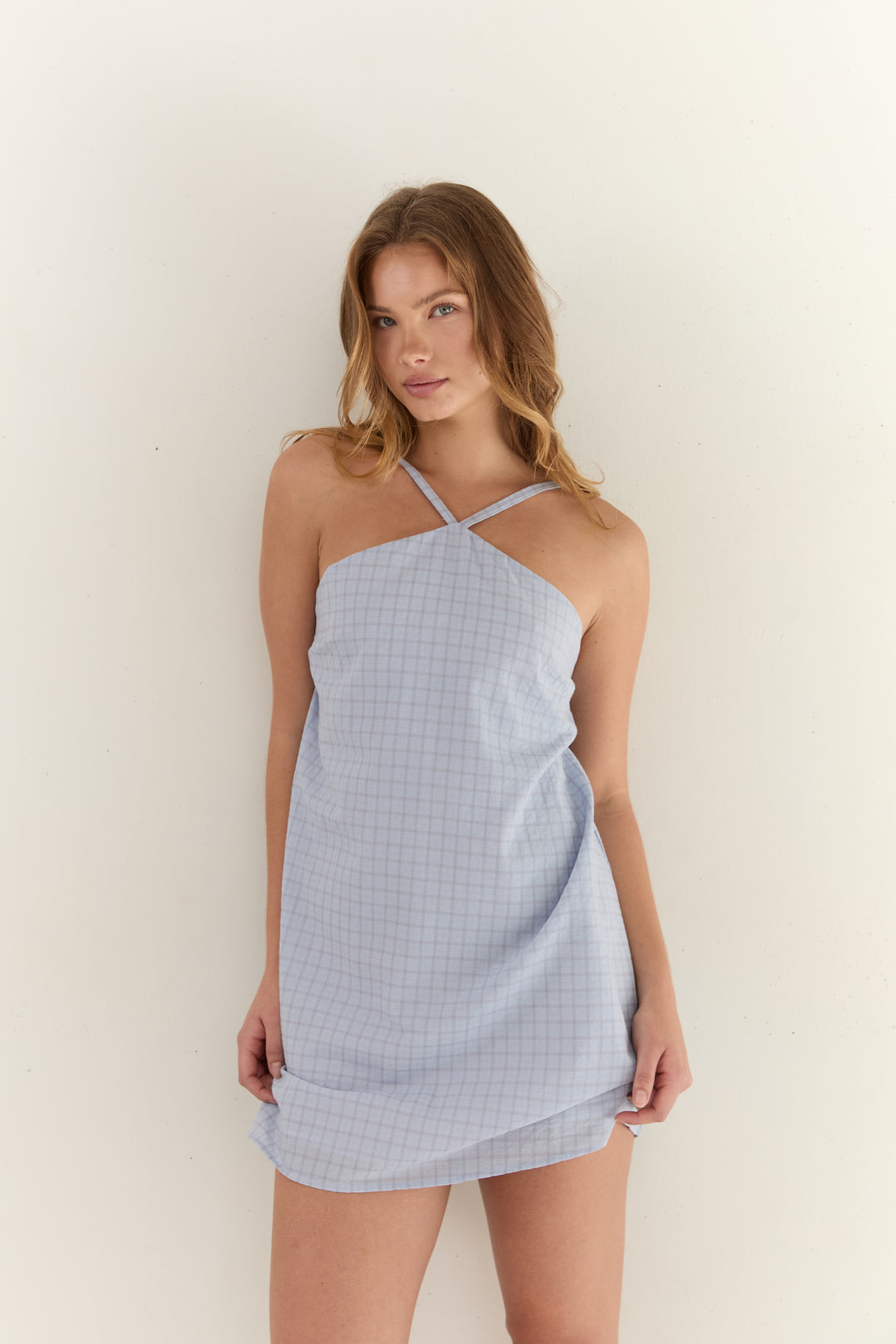 Juni Womens Corinne Mini Dress Sky Check - womens mini dress