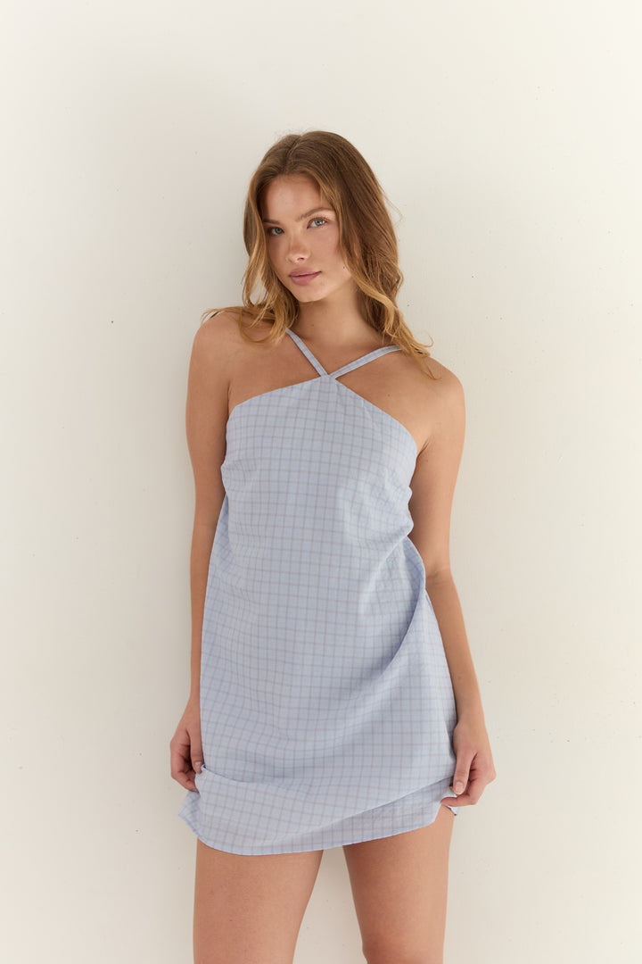 Juni Womens Corinne Mini Dress Sky Check - womens mini dress