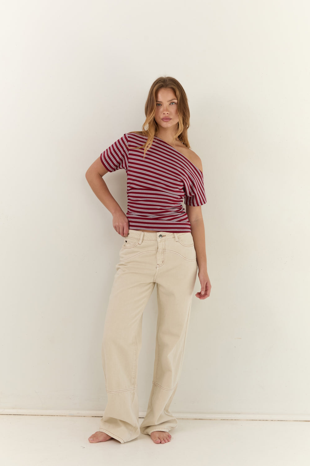 Juni Womens Malthilde Ruched Tee Cherry Stripe - womens tee