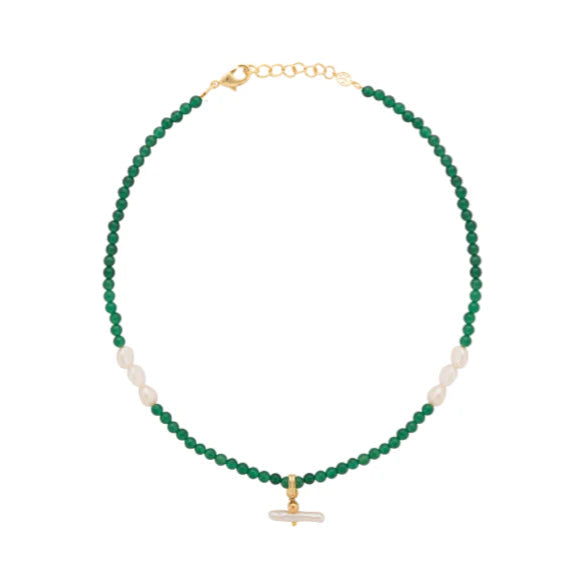 SANDRALEXANDRA PEARL T-BAR AND STONE NECKLACE: OLIVE JADE