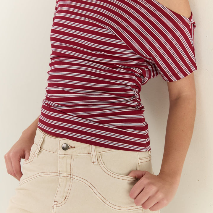 JUNI WOMENS MATHILDE RUCHED TEE: CHERRY STRIPE